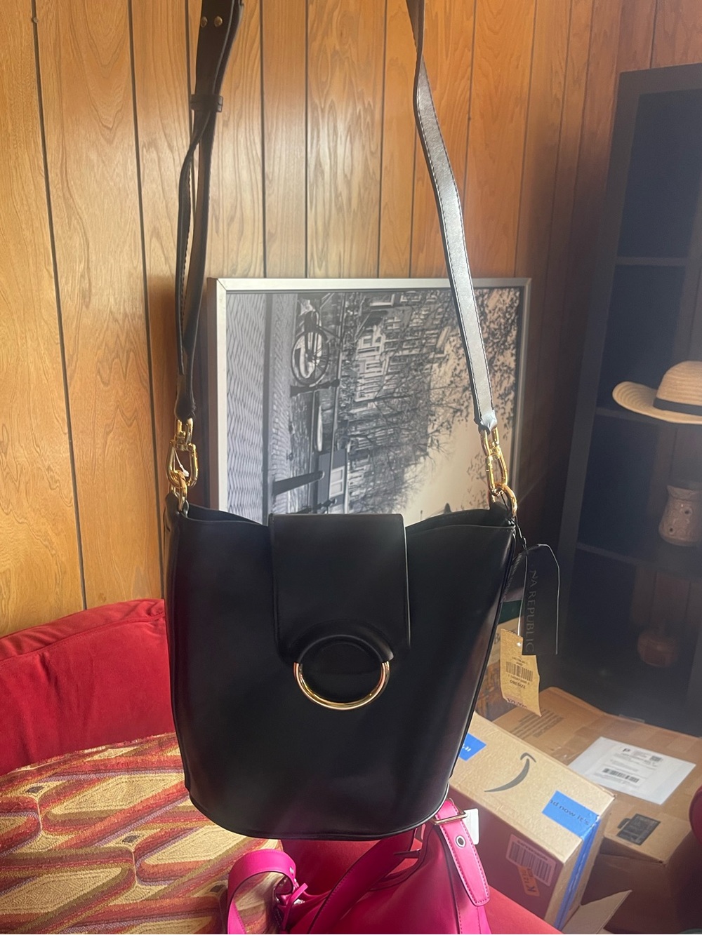 Black Leather Shoulder Bag with Gold Ring Accent- Banana Republic